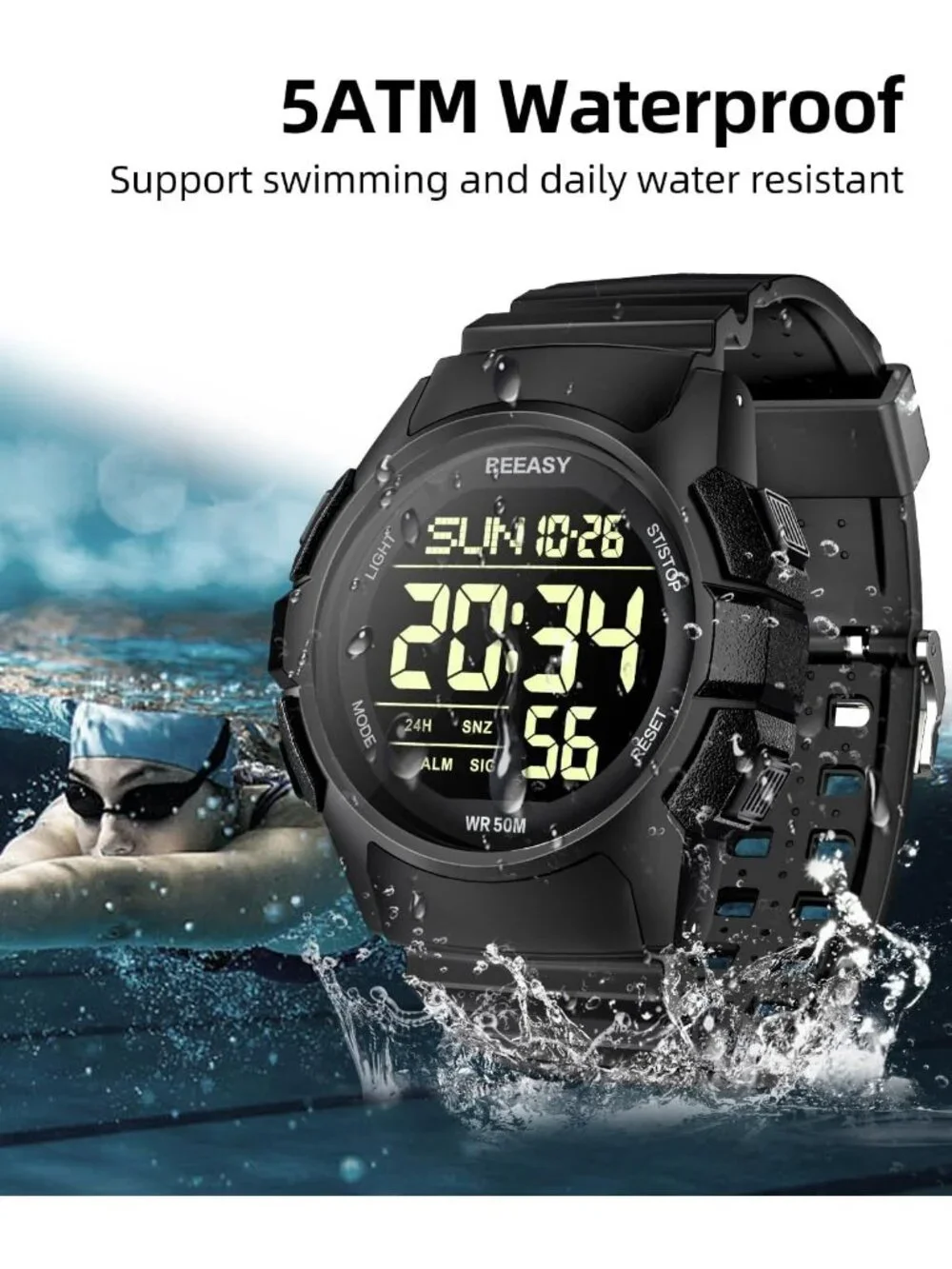 Men's Digital Sports Watch - 50M Waterproof, Stopwatch, Alarm, Rubber Strap, Gym
